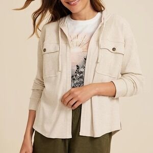 Maurices Waffle Knit Hooded Open Shacket Jacket Beige Oversized Thermal Large